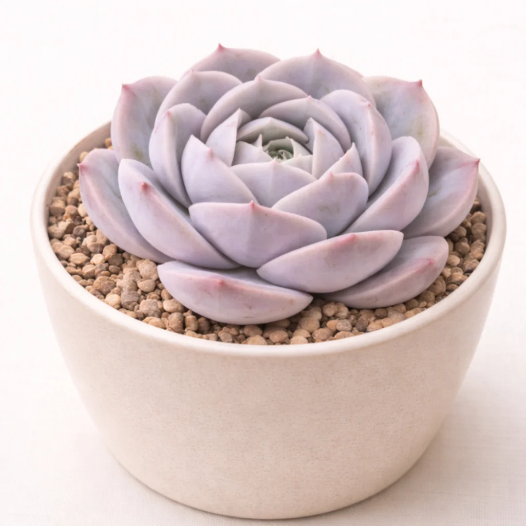 Echeveria 'Blue Surprise' Purple succulent plant in a white pot on a light background